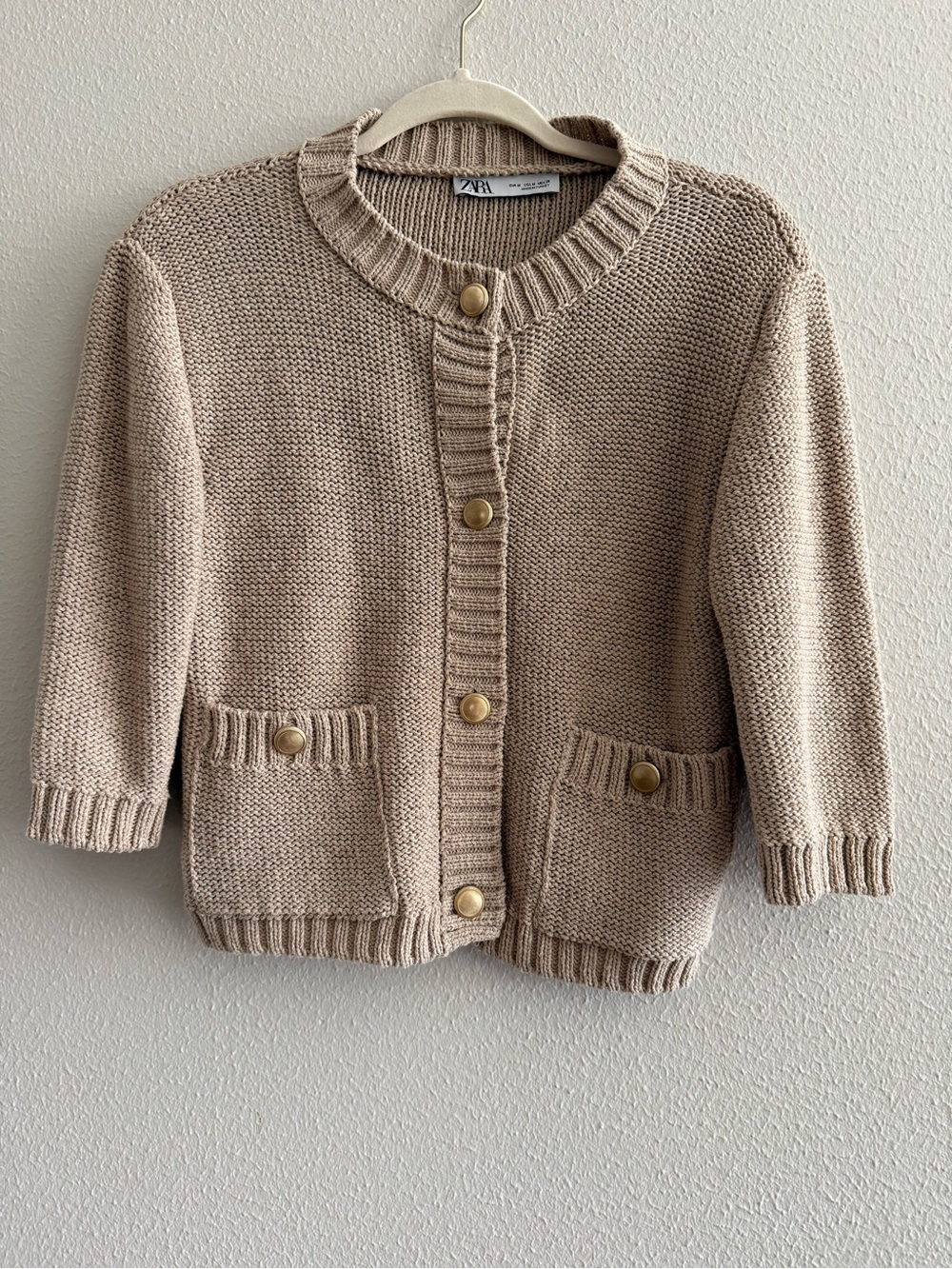 Zara Neutral Beige Knit Cardigan with Gold Buttons